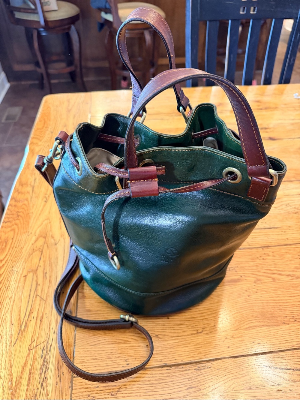 Time Resistance Green Italian Leather Drawstring Bucket Bag with Brown Trim - Picture 2 of 15